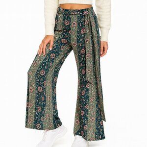 Free People Bali Sultry Boho Floral Flare Pants Teal Pink Green M Perfect Gift